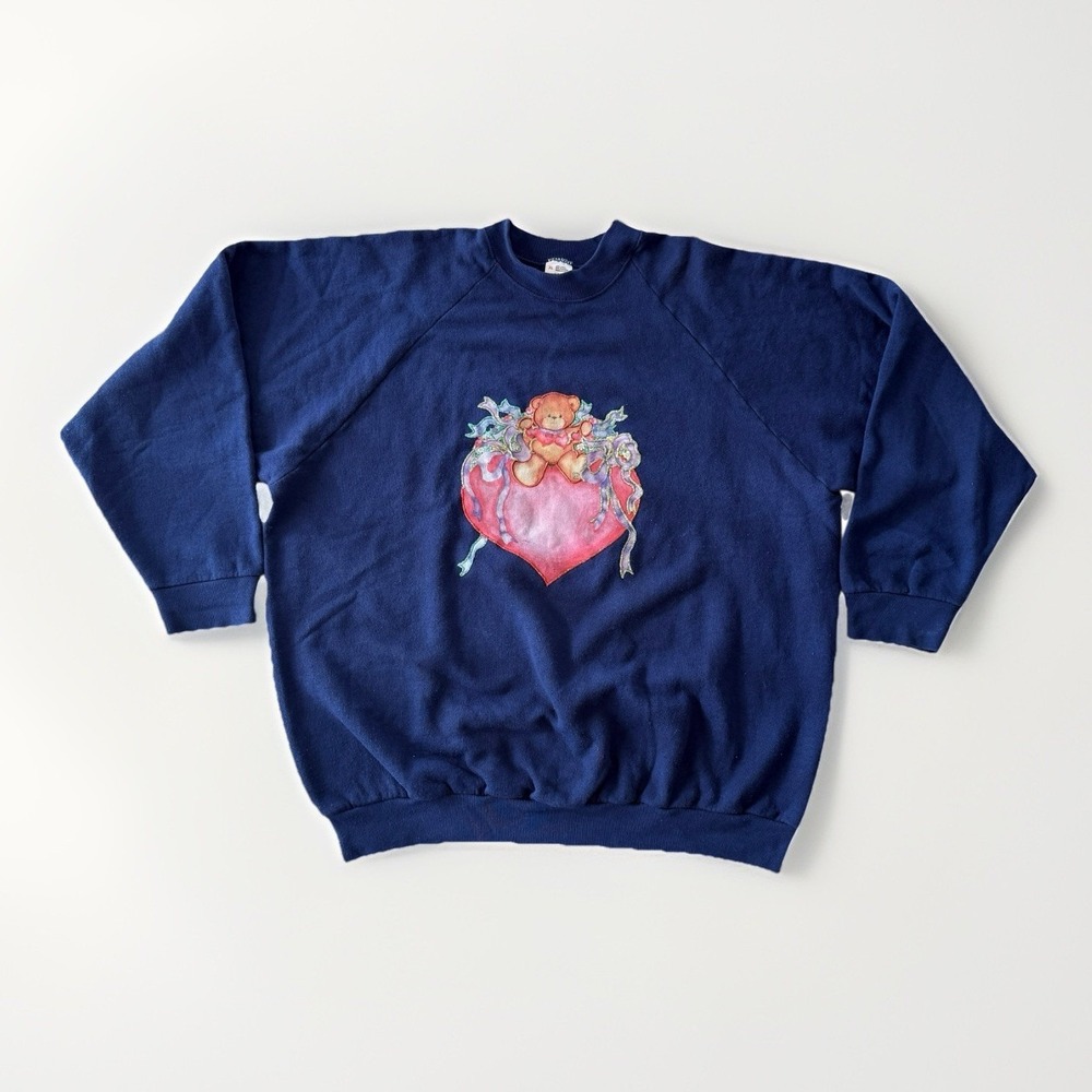 Vintage 90s Puff Paint Sweatshirt Navy Teddy Heart Glitter Kitsch Women's XL